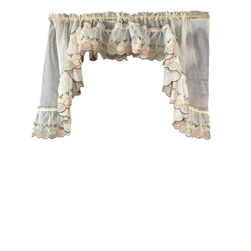 Embroidered Sheer Café Tier Curtains 17pc White Floral Scalloped‎ Country Set